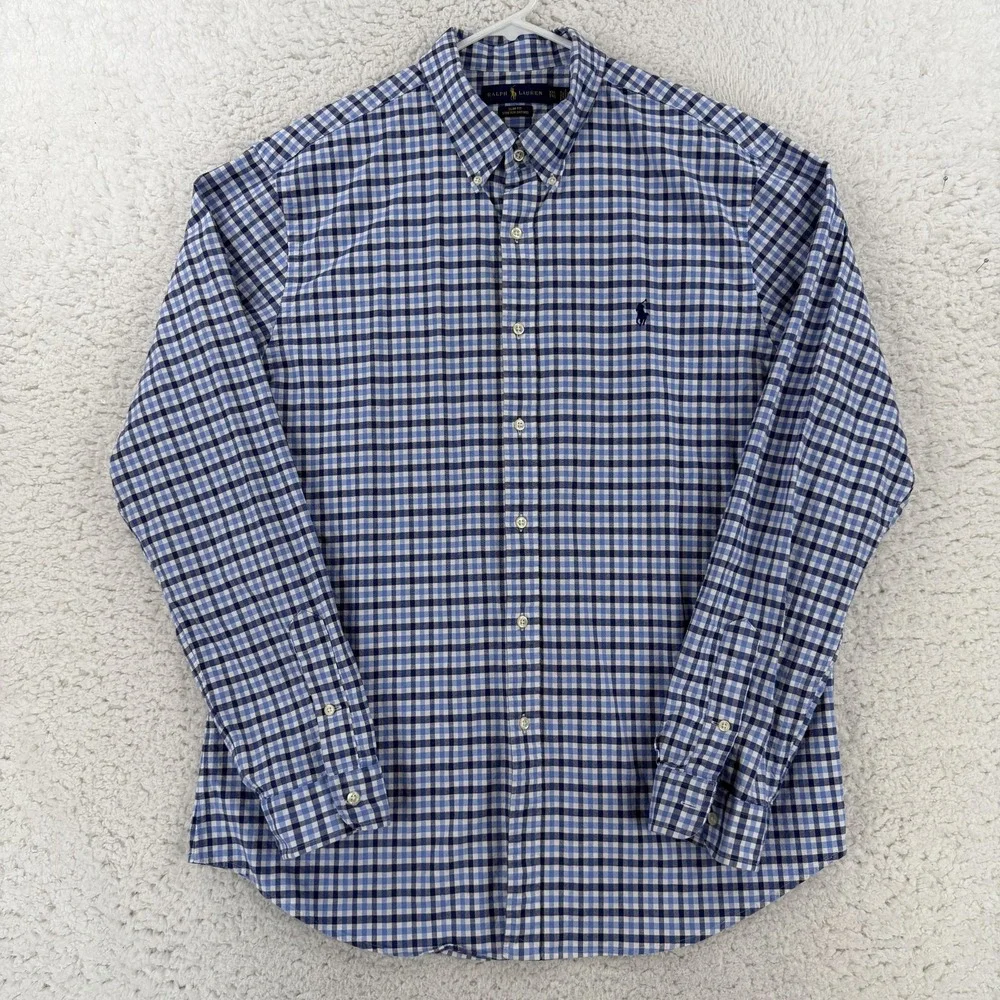 Ralph Lauren Shirt Mens 2XL Blue Check Slim Fit Stretch Oxford Button Down Pony